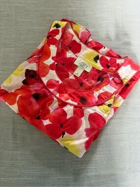 Ann Taylor LOFT Floral Scoop Neck Blouse — Red & Yellow Poppy Print